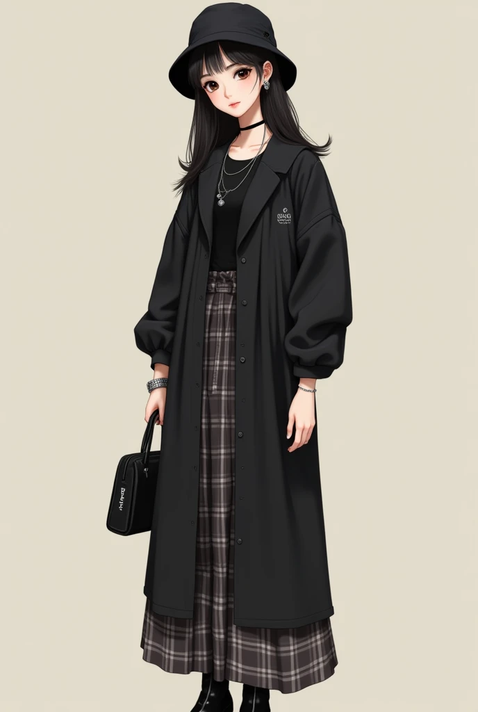 I want a realistic and beautiful Korean girl 
And I dont want you to wear bold clothes

1 . **Clothes**:
    - A long black long-sleeved shirt with band prints, and another shirt with a check pattern.
    necklace - black t-shirt under the shirt .

2. ** c...