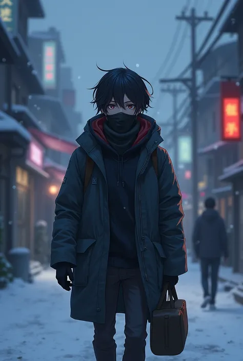 To generate similar anime-style illustrations, I need some details about the character and the scene, such as:

1. Character description: Gender male, hairstyle medium hair, outfit (winter clothes and mask, expression, accessories (bag), capture full body ...