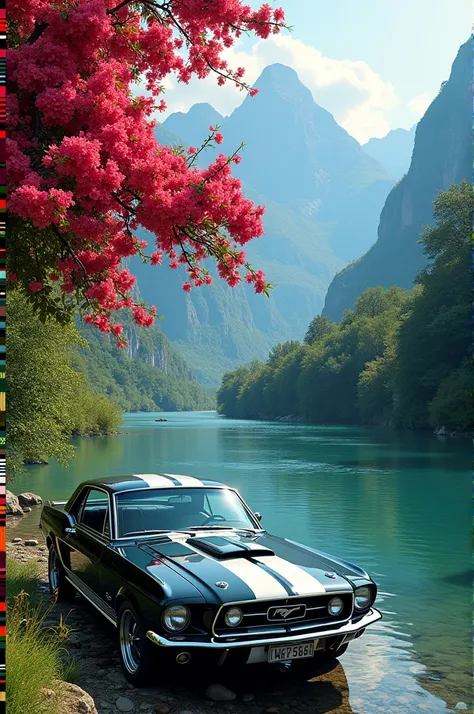 A beautiful red flowered boganvilla plant in the side of calm river under the mountains and a mustang car parked in the side, 