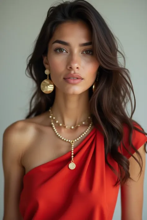 Create a high-resolution, realistic photograph of a Brazilian woman, framed from the waist up, wearing a stylish one-shoulder (asymmetric) neckline top, paired with unique and carefully chosen accessories.

Composition: The woman is accessorized with misma...