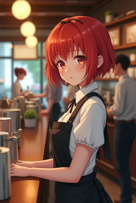  Photo of a young girl , the waitress uniform is in the cafe , Photo up to the waist, , the girl has short red hair