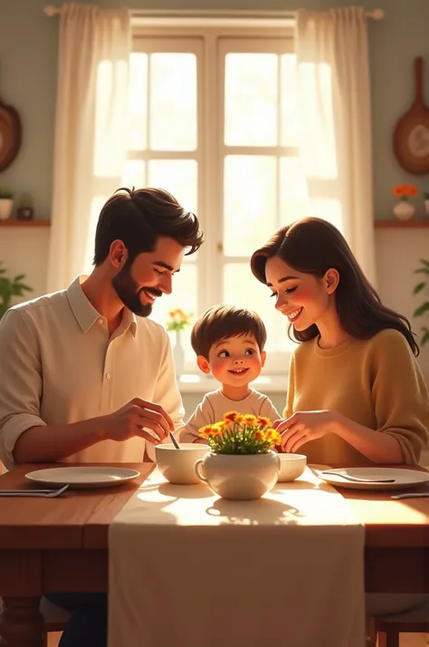 A family is sitting together eating a meal.