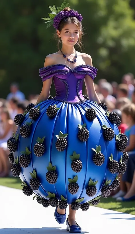 A vibrant scene featuring a  wearing an intricate, sweetheart-inspired dress. The dress has a voluminous, rounded, balloon-shaped skirt adorned with extended, textured black and purple “blackberries” and matte green leaves. The top of the dress is a fitted...