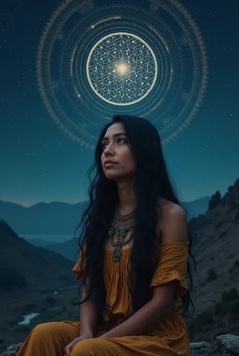 Central image: a Colombian Indian woman sitting with long hair its night in the sky this night and the sky has the flower of life drawn all over the sky 