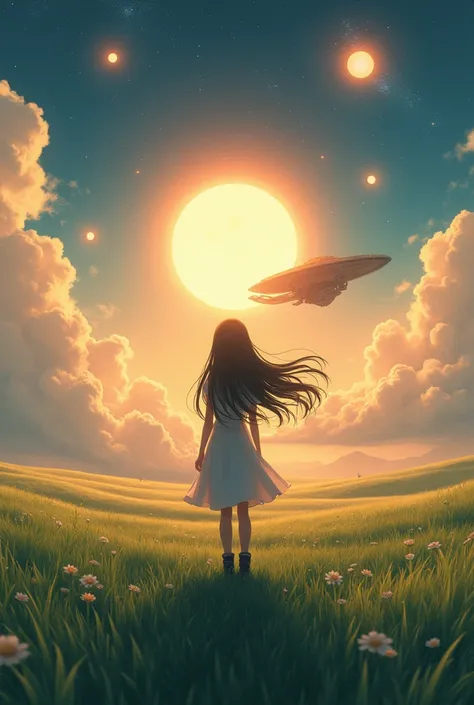 Hair floating in the air,  back view,  look at the sun, 空にuniverse船がある, Three Suns,  dark-haired girl ,  girl, Standing in the grassland, landscape, universe, 8k,  super detailed