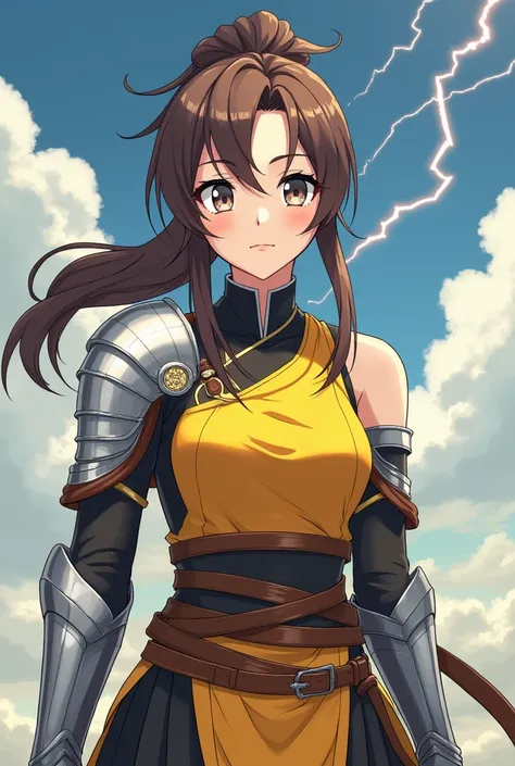 Full body image of anime medieval teenager female Natasha Ikazuchi who has brown ponytail hair and grey eyes, bigger bust size looks more mature. She is kind and has a smile on her face. She wears sleeveless yellow warrior hanfu and black xues. Wearing sil...