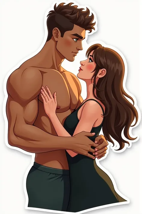  Simple sticker of a rugby player , with brown skin,  wavy and short brown hair ,  green eyes, tall and muscular;  hugging a slightly shorter girl , with brown hair and long ,  brown eyes and a black dress looking at him with love