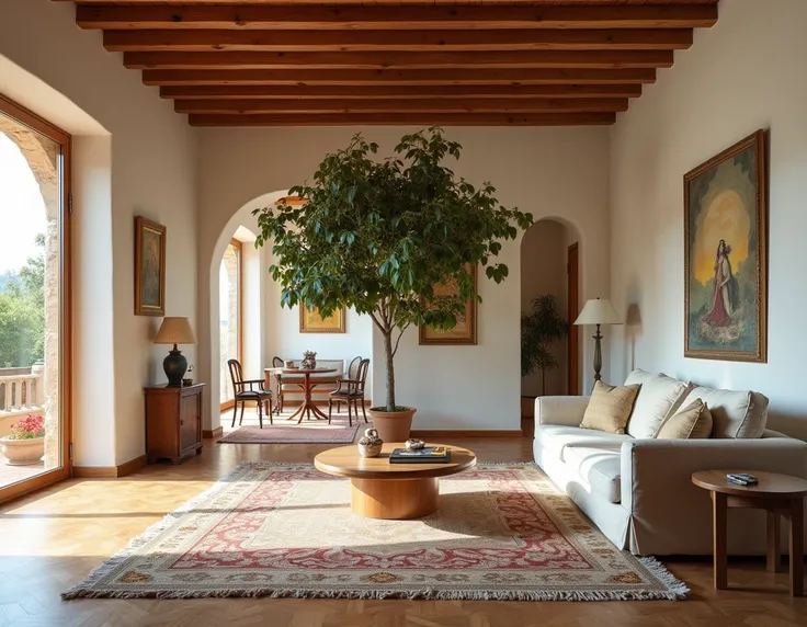 Photograph in RAW format, taken with a Nikon D850 + AF
camera – S 18-120mm, 24mm, HDR, high resolution, high
definition, real image, contra-plongée, light temperature
3,000K, large Tuscan style living room with a SMALL tree in the middle with good lighting...