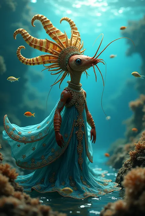 A shrimp dressed as Mother Yemanjá 
