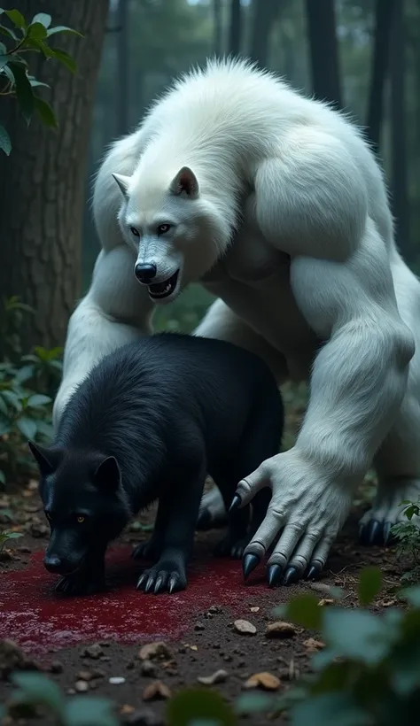 Snow Kong crouches over a black wolf in a dark, dense jungle setting. The wolfs body is stained with blood, and its fur is ruffled amidst foliage and shadows. The Snow Kong, with its muscular, snow-white form and piercing eyes, focuses intently on its prey...