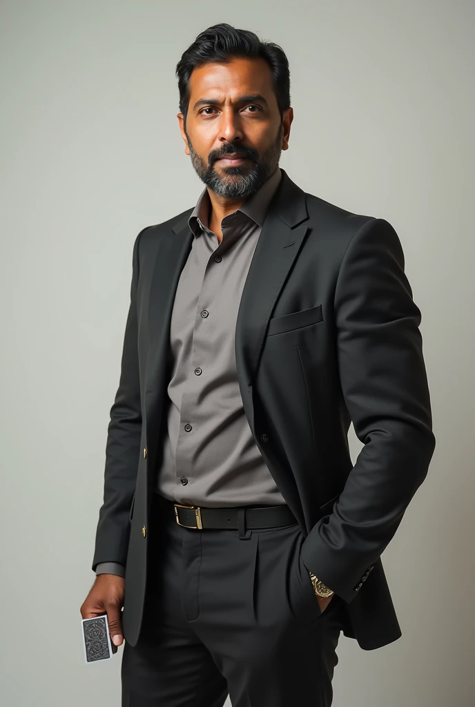 Brown man posing with his hand in his pocket and cards in his hand 
