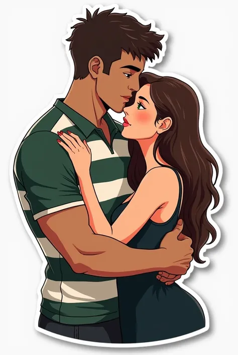 Simple sticker of a rugby player wearing a training shirt, with brown skin,  wavy and short brown hair ,  green eyes, tall and muscular;  hugging a slightly shorter girl , with brown hair and long ,  brown eyes and a black dress looking at him with love