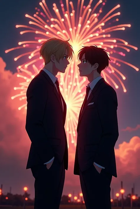 2d, In the background the Night Sky full of fireworks , In the foreground the black, undetailed silhouette of two Asian men with hair at chin height, one of them blond and the other with brown hair , dressed in suits, looking very close 