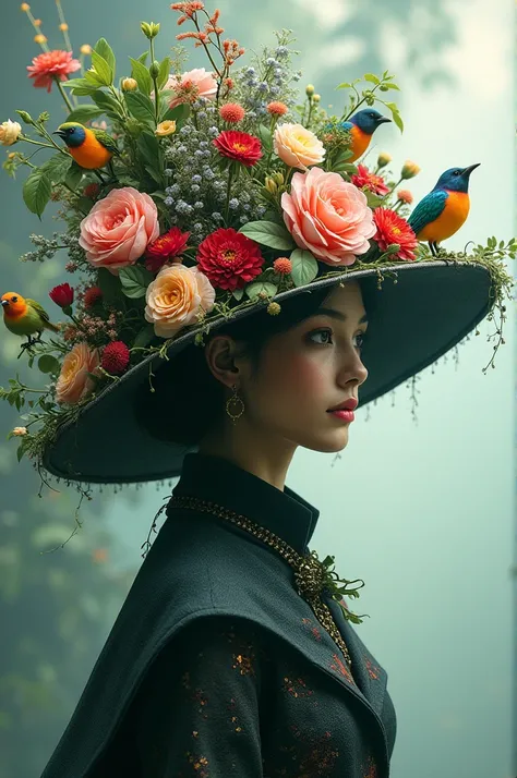 Large hat with lots of flora and birds 