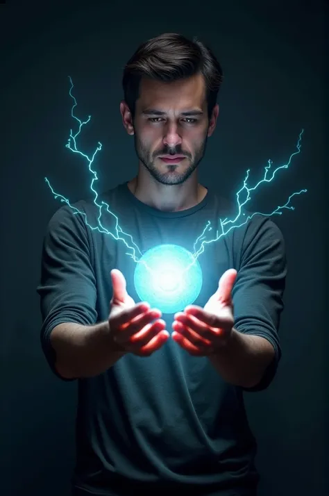 A person with glowing energy ball between his palms and hands