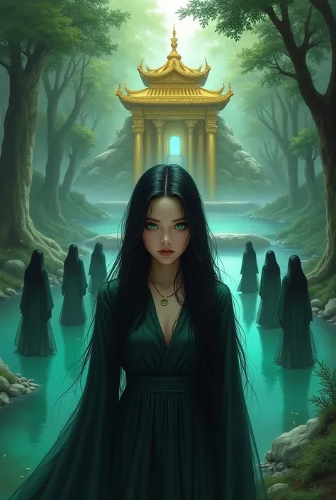  The cover of the book could show a 20-year-old woman long black hair painted with light green emerald green eyes looking cold from behind,  surrounded by the six men whose faces cannot be seen ,  each representing their element with visual effects  (Fire,...