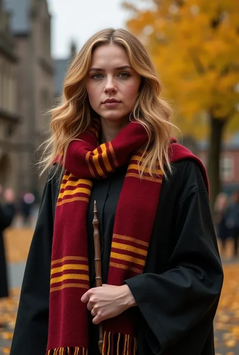 A hyper-realistic depiction of Scarlett Johansson as a Gryffindor student, dressed in a detailed red-gold scarf and holding a finely crafted wand. She stands in the middle of the Hogwarts courtyard during a crisp autumn afternoon, with golden leaves fallin...