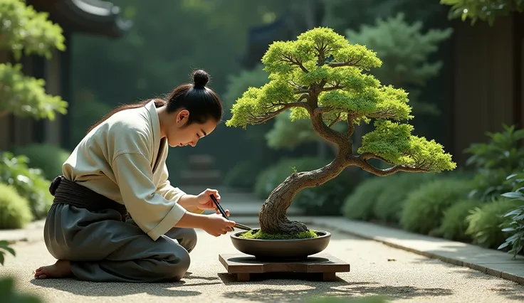 A gardener pruning a single bonsai tree
