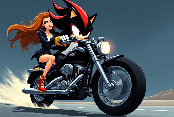 Shadow the Hedgehog with serious expressions, dressed in a black jacket, white shirt and black pants, driving a motorcycle black rider, on persecution. Behind him sits a beautiful adult woman, very long caramel-colored hair, tanned skin, yellow eyes and we...