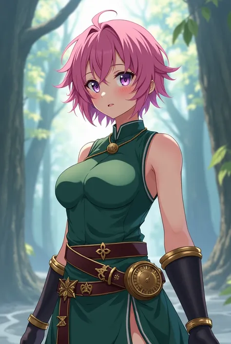 Full body image of anime medieval teenager female Timia who has short frizzy pink hair and purple eyes, looks like Momo in To Love-Ru manga, has bigger bust size looks more mature. She is flirty and has a naughtiness on her face. She wears sleeveless green...