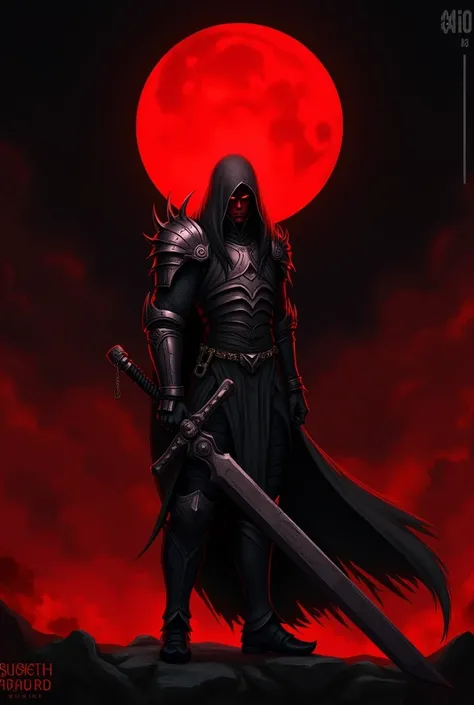 This image depicts a dark and ominous character in armor, holding a large sword, set against a fiery red and black background with an eclipse. It has a fantasy or dark fantasy theme, reminiscent of characters from video games or anime.