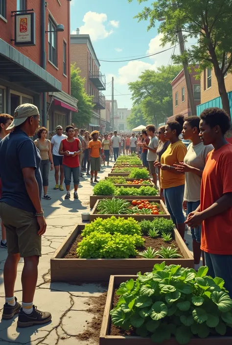  Create an image where people are on the street asking for food and going hungry and on the other side, are happy and well nourished in a community garden 