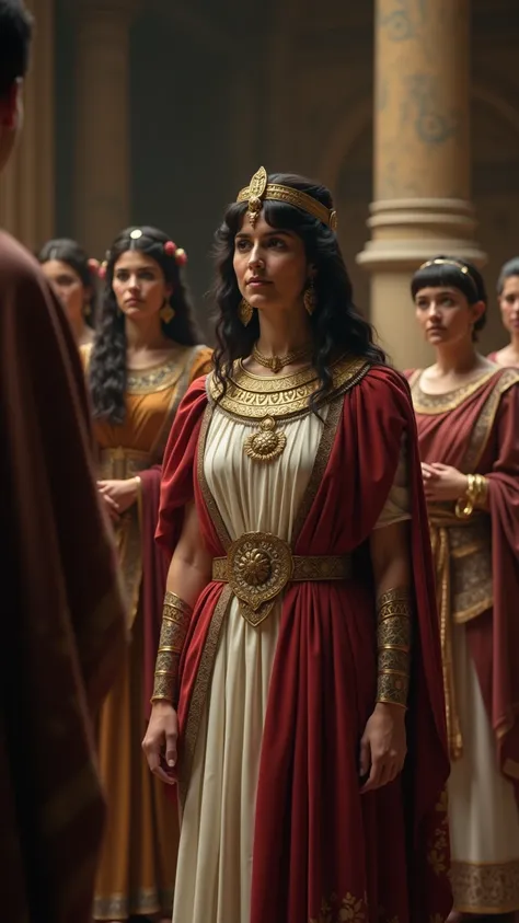 " Cleopatra speaking to Julius Caesar in a Roman room, wearing royal robes and a solemn atmosphere ."