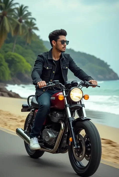 Riding a Revo motorcycle on the beach 
Used a black jeans jacket long black Levis pants and white shoes 
Indonesian road background
High contrast
High color effect