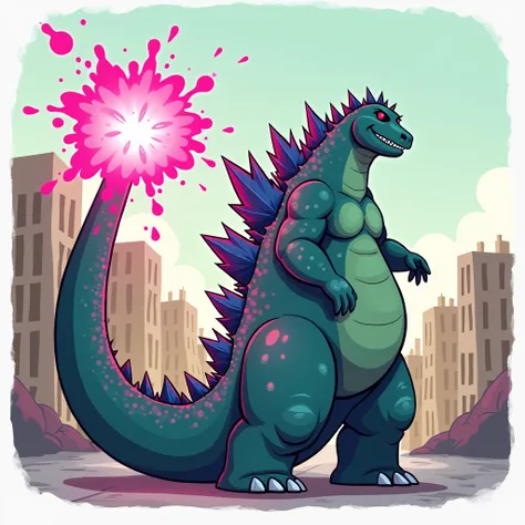 A Godzilla with his back unleashing a pink atomic puff up his ass, cartoon, chubby