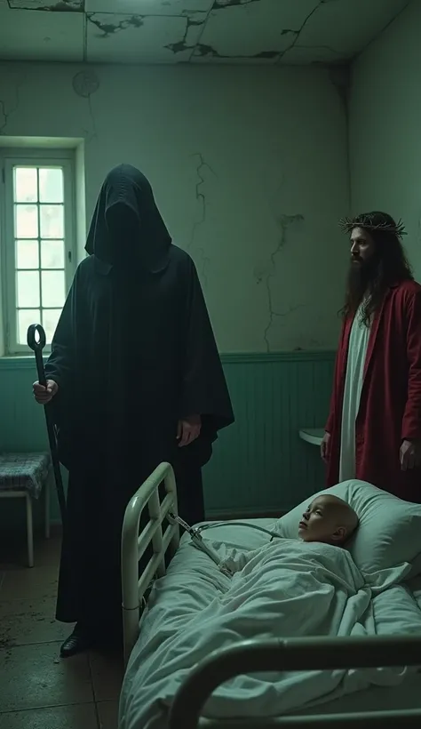 A dramatic and emotional scene set in an old abandoned hospital with cracked walls, broken windows and dim, flickering lights. In the center, a dark, hooded figure stands, shrouded in mystery, holding a scythe. The figures face is obscured in shadow, addin...