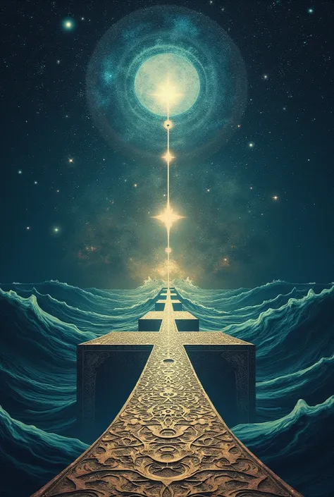 A surreal and mysterious artwork that evokes deep emotions. The image features abstract geometric shapes, a starry night sky, deep ocean waves, labyrinth-like paths, and mystical elements blending harmoniously. This visual represents thought, emotions, inn...