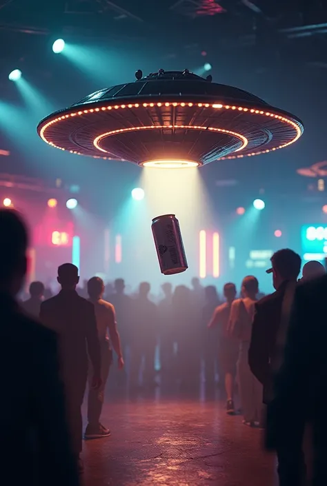 Create an ultra realistic image of an alien ship abducting a can at a nightclub at night