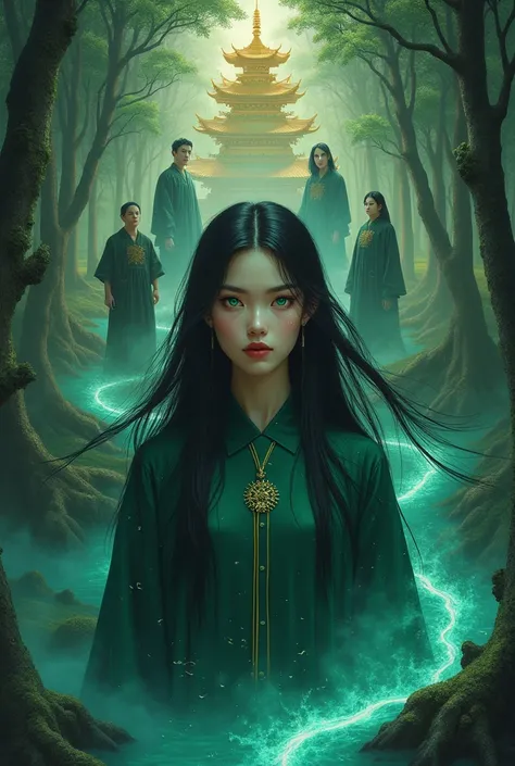  book cover could show a 20-year-old woman long black hair painted with light green emerald green eyes cold look from behind, surrounded by the six men WHO CANNOT SEE THEIR FACES each one representing their element with visual effects  (Fire, Water, land, ...