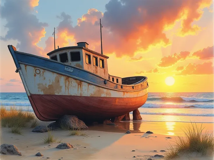 watercolor, an old abandoned boat on a beach at sunset, in the style of captivating landscapes, serene seascapes --ar 5:7 --s 1000