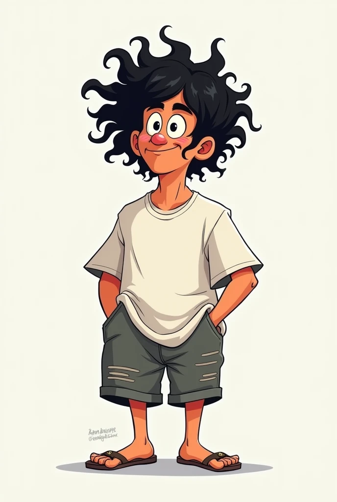 Cartoon Man with curly black hair, oversized white shirt and shorts looking disheveled 