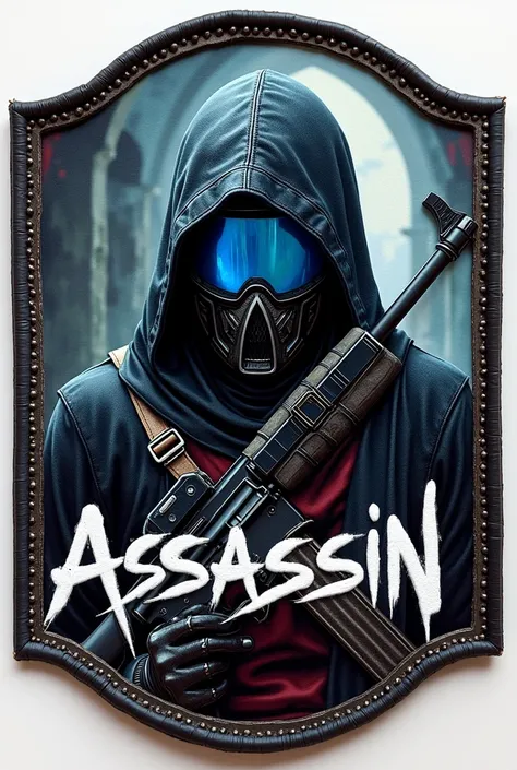 Patch airsoft rond assassin creed avec masque paintball avec visière bleue, avec une réplique dairsoft et avec inscription graffiti "Assassin" sur fond moyen âge 