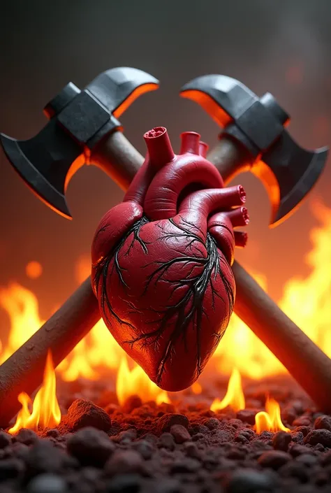 A real heart with flames behind 2 crossed fire axes 