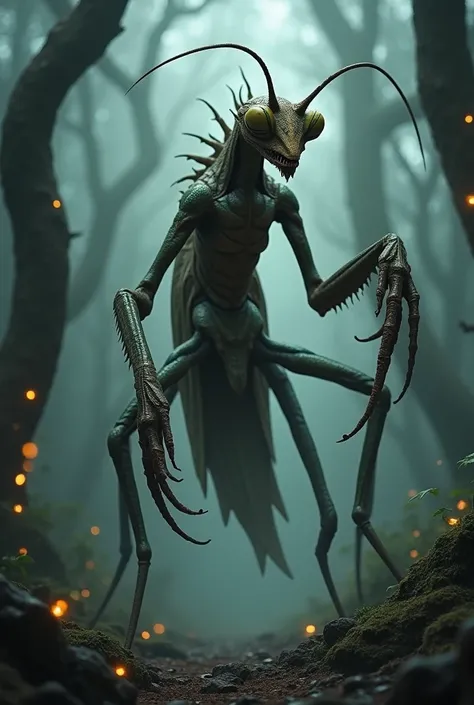 A monstrous hybrid creature combining the characteristics of a praying mantis and a lizard. The body is elongated and segmented like a mantis, with long, sharp forelegs raised in a striking pose. The head is a blend of both animals, with the triangular sha...