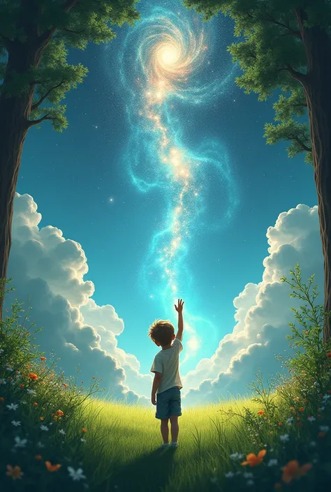 Can you create an image where a boy standing forward raises his hand. He is on the grass field and has some flowers and beautiful trees. And the sky is looking like its breaking and thats why the galaxy is seen... you should make it more realistic 