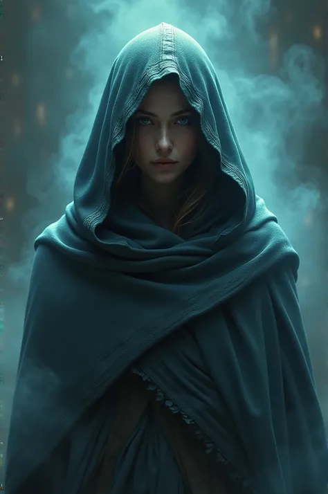  A full body image of a mysterious woman with a hood and a shawl, that covers her nose and mouth  ( she is surrounded by powerful magic )