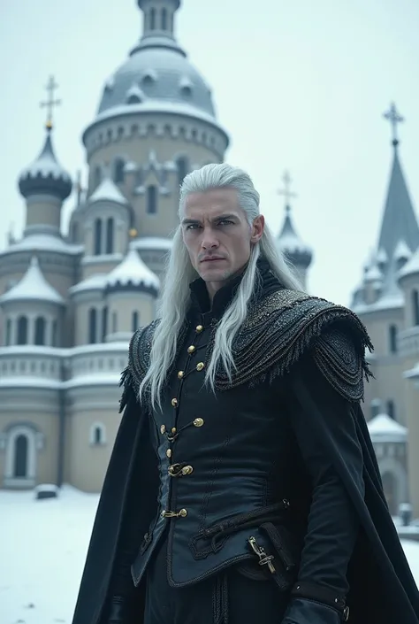 Create a guy like 30 years old, Extremely pale , muscular, with white hair and with a long black lock,  silver eyes and in the background a Russian-style castle with snow