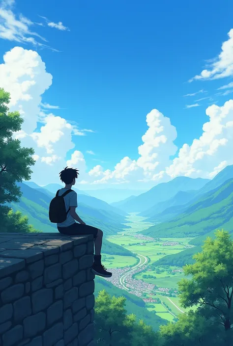 The image depicts a serene and picturesque landscape. A young person sits on the edge of a stone wall, gazing over a lush, green valley below. The background features rolling hills and mountains, with a charming town visible in the distance. The sky is vib...