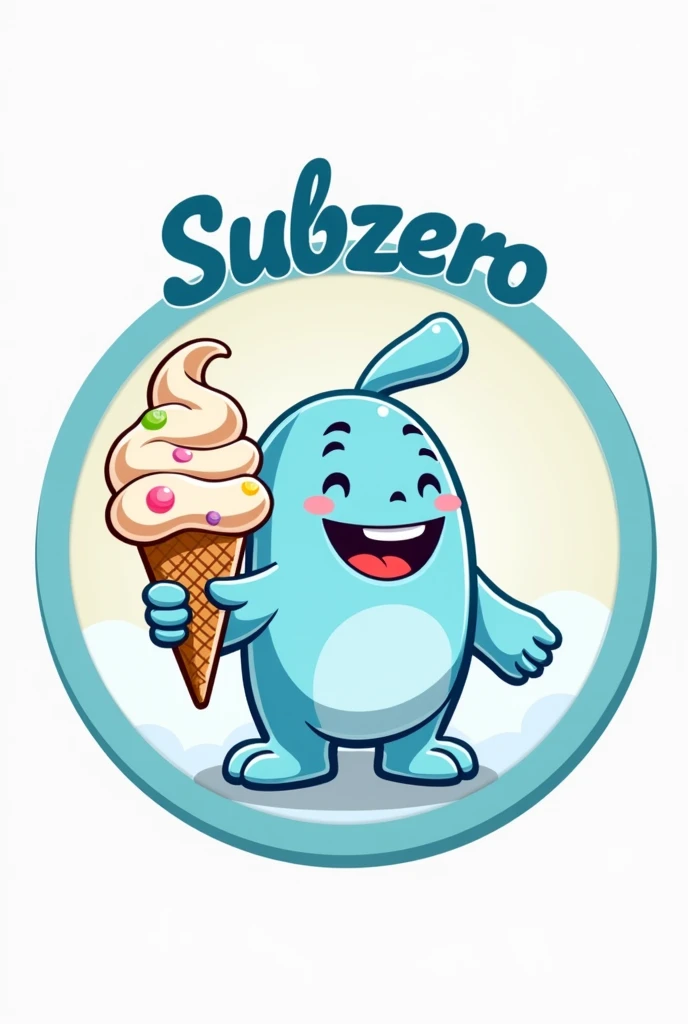  create a logo for an ice cream shop with the character Subzero holding an ice cream, a round logo with the name Subzero açaiteria at the top 