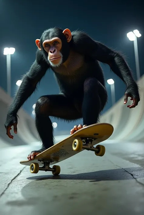 Create a realistic image of a chimpanzee monkey performing skateboarding maneuvers on a track at night