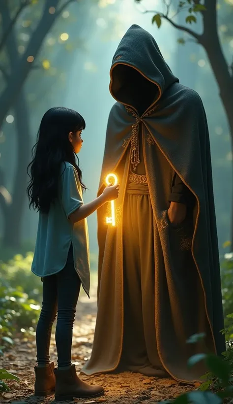 Lila stands in the magical forest, facing a tall, hooded figure holding a staff.
The figure’s eyes glow faintly, and their dark robes flow as if moved by an unseen wind.
The golden key in Lila’s hand shines brighter, reflecting her determination and fear.
...