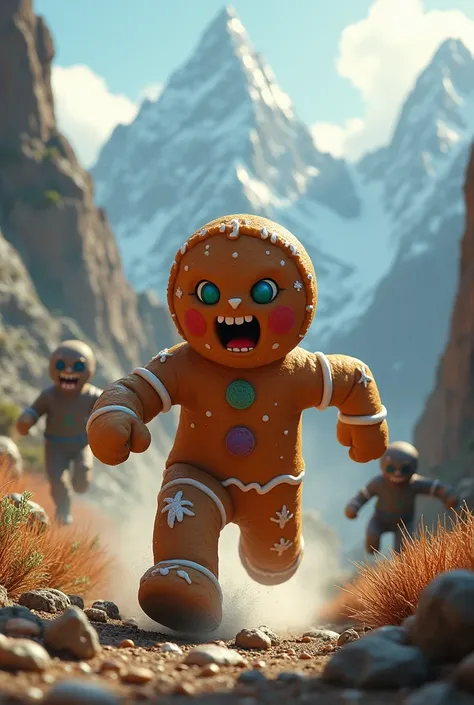 A gingerbread cookie running in the mountains leaving demons behind 