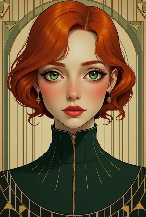 A redhead green eyes sad portrait in art deco