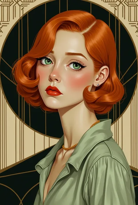 A redhead green eyes sad portrait in art deco