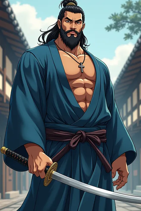 The katana man in the picture is tall, muscular, and well-proportioned. He wears a blue kimono that is not fully covered on top, revealing his upper chest and a necklace with a cross pendant. He has long hair that is tied loosely behind his back, and a bea...