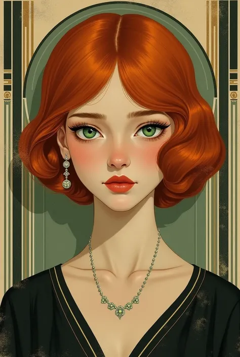 A redhead green eyes sad portrait in art deco